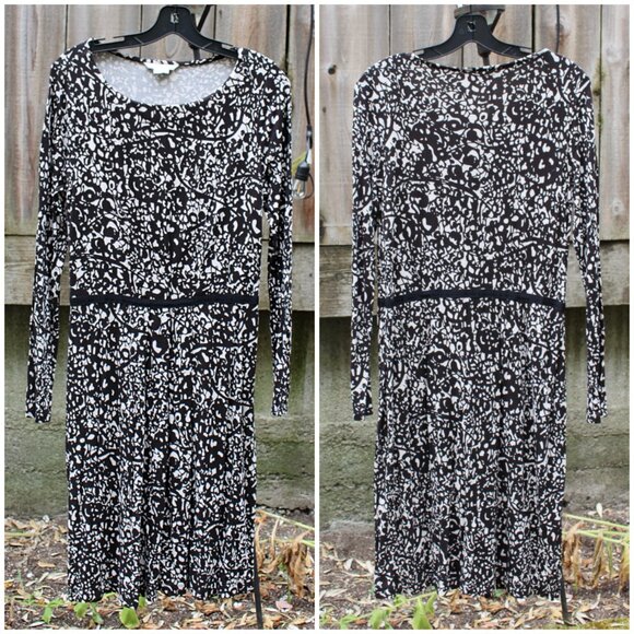 Boden Thea Long Sleeve Jersey Dress in Black + White Abstract, 8R - Picture 2 of 9